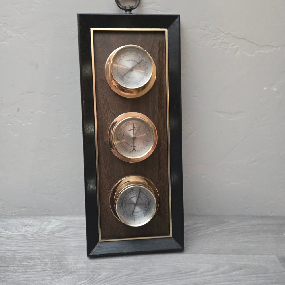 Springfield Brown Weather Station Vintage Brass Barometer Mid Centur Thermometer